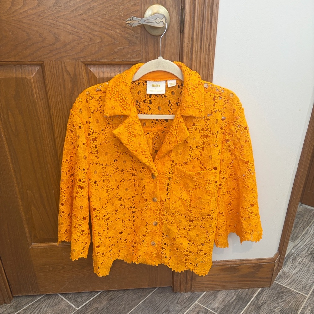 Anthropologie Orange Floral Lace Button-Front Blouse